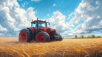 Fototapeta premium Bright Red Tractor in Golden Wheat Field Under Blue Sky with White Clouds, Capturing the Essence of Agriculture and Rural Life in a Beautiful Landscape