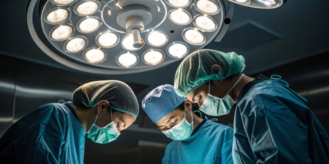 Surgical Team Performing Operation Under Intense Lights in Modern Operating Room