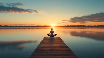 Woman practicing yoga on a wooden dock over a calm lake at sunset, movements fluid and grounded, patience, serenity, balance