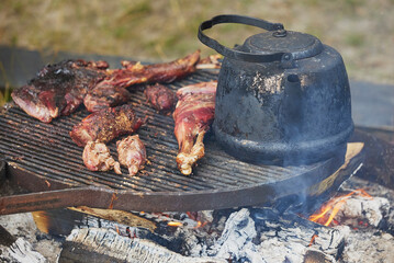 Bonfire with food at a Viking festival in Denmark