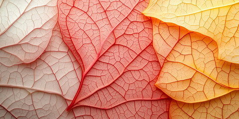 Obraz premium Close-up of maple leaves showcasing delicate veins with a gradient of red to yellow, illuminated by soft natural lighting, creating a vibrant fall background.