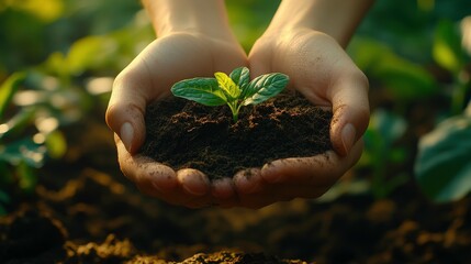 Fototapeta premium Hands Holding Small Green Plant in Soil, Symbolizing Growth and Nurturing Nature, Fresh Start in Environment, Sustainable Practices and Care for Earth