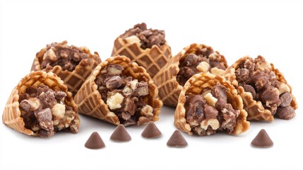 Obraz premium Delicious Chocolate Chip Dessert Cones with Crunchy Filling on White Background