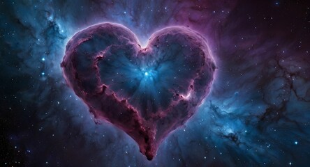 A glowing heart-shaped nebula in vibrant magentas, purples, and blues, surrounded by twinkling stars in a galaxy.   