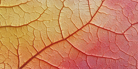 Obraz premium Close-up of maple leaves showcasing delicate veins with a gradient of red to yellow, illuminated by soft natural lighting, creating a vibrant fall background.