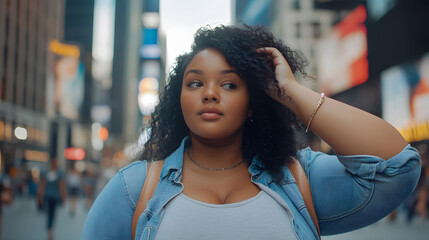 Senior tourist USA black chubby woman smiling wearing backpack and straw hat in town with copy space