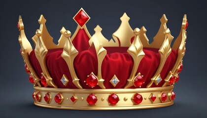 A gold and red crown with diamonds and red jewels