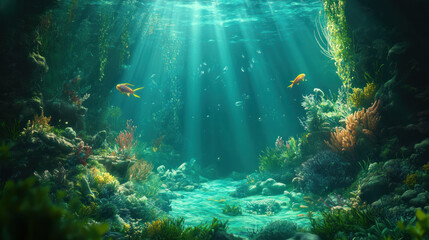 A natural underwater landscape in the Atlantic Ocean, with lush green algae on the ocean floor and sunlight adding warmth to the scene.