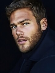 Fototapeta premium Portrait of attractive man wearing turtleneck sweater and dark jacket, looking confident and stylish