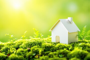 White paper house on lush green moss with tiny plants under sunlight. Bright yellow-green gradient background. Concept of eco-friendly living. Ai generative