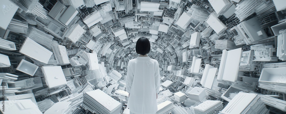 Poster A person in white stands amidst a swirling vortex of abstract, box-like forms, creating a surreal and futuristic atmosphere.