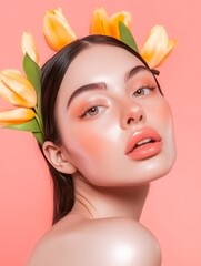 Beauty portrait of young woman with perfect skin and tulips in her hair posing on a pink background