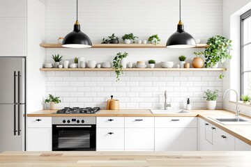 Fototapeta premium Bright modern kitchen interior featuring white cabinets, wooden countertops, open shelves with plants and dishes, and pendant lights. Concept of contemporary home design. Ai generative