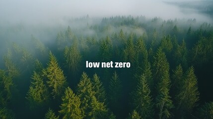 Misty forest aerial view with "low net zero" text overlay.
