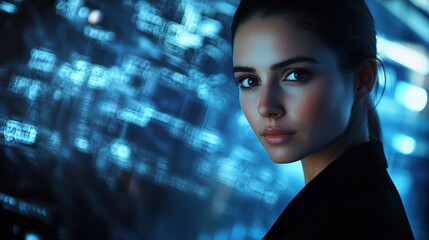 Obraz premium Confident Businesswoman Portrait with Modern Tech Background