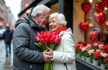 A couple embracing with a bouquet of vibrant red tulips