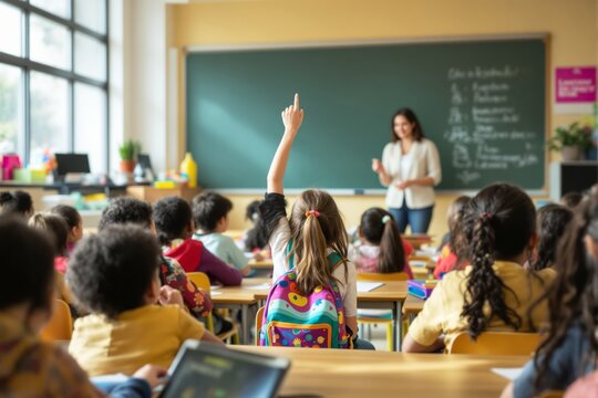 A lively classroom scene with students raising hands, focusing on a teacher near a green chalkboard. Warm ambiance, education concept. Ai generative