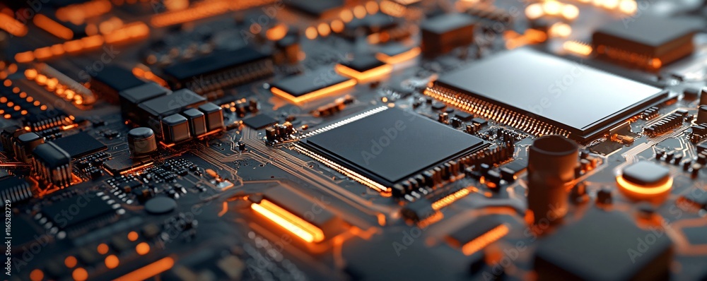 Poster Orange glowing electronic circuit board showing data processing