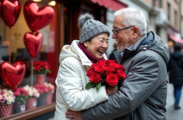 A couple embracing with a bouquet of vibrant red tulips