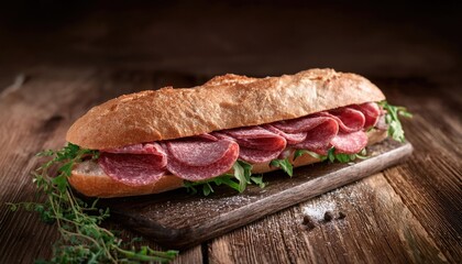 A baguette sandwich loaded with flavorful salami, fresh herbs, and sprinkled salt is elegantly placed on a rustic table