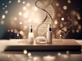 Elegant skincare products displayed on a pristine surface, illuminated by a soft glow and accompanied by a DNA helix, symbolizing advanced skincare technology and natural ingredients.
