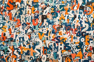 Obraz premium On white background, letters, numbers and symbols in newspaper cutout style. Digital art with bold colors, high contrast and flat design.