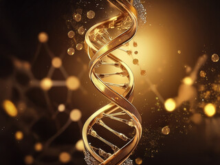 A gleaming golden DNA helix, detailed and elegant, is presented against a dark, subtly glowing background featuring interconnected nodes.  The image evokes concepts of genetic code and scientific adva