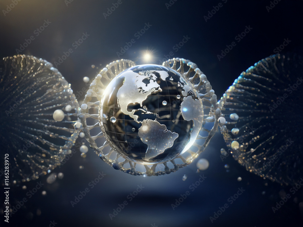 Poster a shimmering globe is cradled by two dna strands, symbolizing the intricate connection between life 