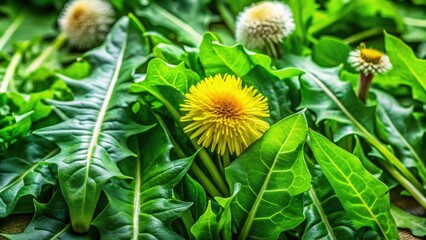 Fototapeta premium Close-Up Portrait of Organic Dandelion Greens, Fresh and Vibrant, Showcasing Textures and Colors for Healthy Eating, Nutrition, and Natural Ingredients Photography