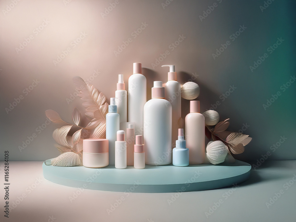 Poster A collection of pastel-colored skincare bottles and jars arranged on a minimalist circular platform, accented by dried leaves and decorative spheres.  Soft lighting enhances the clean aesthetic.