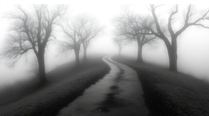 Fototapeta premium Misty path winding through leafless trees on a foggy day.