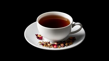 A cup of tea with dried flowers on a saucer.