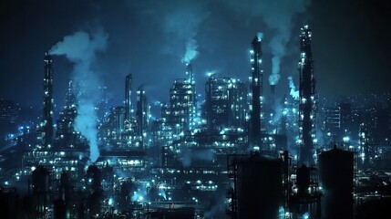 Night View of Industrial Oil Refinery and Chemical Plant Operations