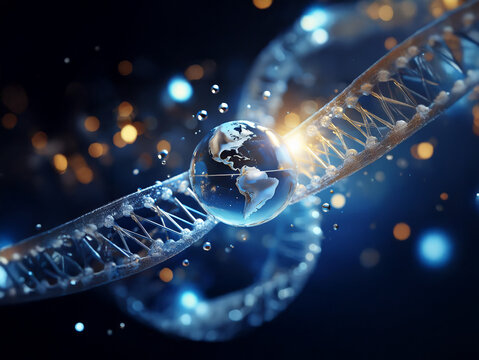A glowing Earth nestled within a double helix DNA strand, symbolizing global genetic research and the interconnectedness of life.  Sparkling particles and a dark blue backdrop enhance the image's futu