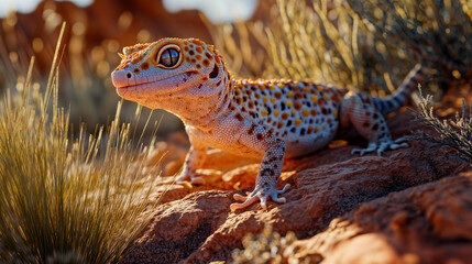 Naklejka premium The image features a gecko with a distinctive orange and white pattern, standing on a rocky surface