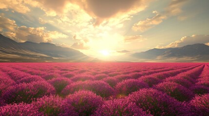 Obraz premium Majestic Sunset over Lavender Fields Mountain Landscape