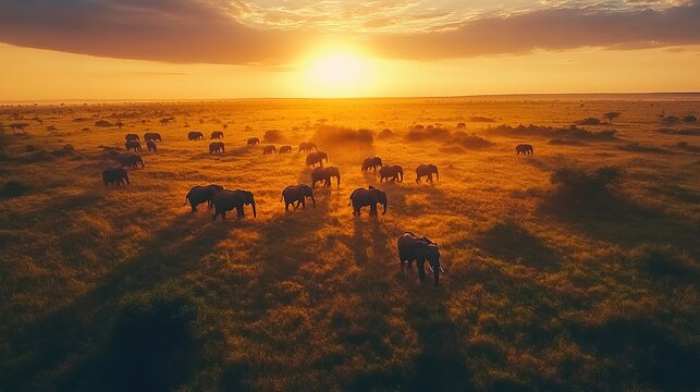 A birda??s-eye view of a herd of elephants walking through the African savanna at dusk.
