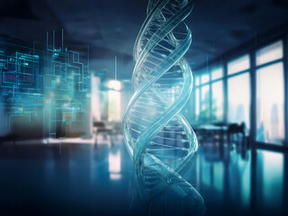 A translucent DNA helix dominates the foreground, set against a blurred background of a modern, spacious office or laboratory.  Digital data streams are subtly overlaid, suggesting genetic research an