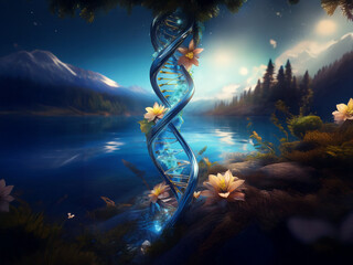 A luminous DNA helix rises from a serene lake, nestled amidst a majestic mountain range and tranquil forest.  Flowers bloom at its base, bathed in ethereal light.