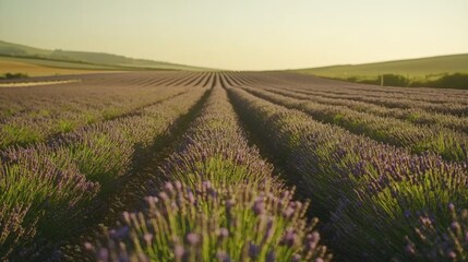 Serene Lavender Field at Sunset Rows of Purple Flowers Golden Hour Landscape