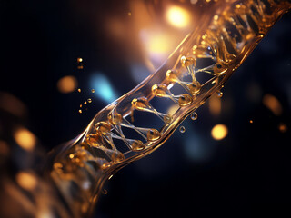 A shimmering, golden DNA double helix flows dynamically against a dark background, illuminated by bursts of light.  Its viscous, liquid form suggests genetic fluidity and potential.