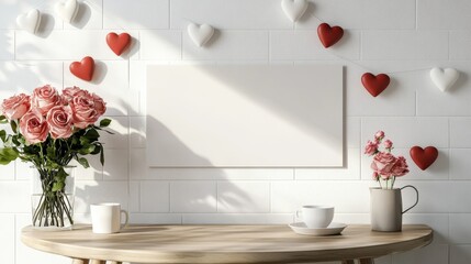 Blank sign on tile wall with Valentine's decor and cozy natural light
