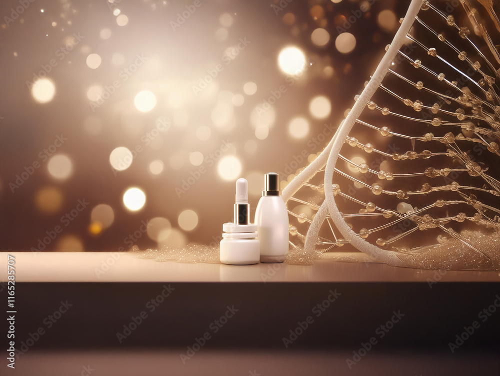 Poster elegant skincare products displayed on a minimalist shelf against a warm, bokeh-lit backdrop, accent