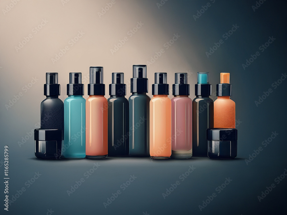 Poster Elegant collection of cosmetic bottles and jars, showcasing various colors and shapes, displayed against a subtle background.  A spotlight highlights the products.
