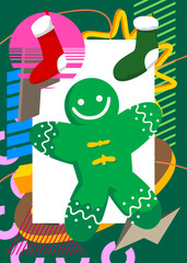 Obraz premium Christmas stocking and Gingerbread Man Cookie geometrical graphic retro theme background. Minimal geometric elements. Vintage abstract shapes vector illustration.