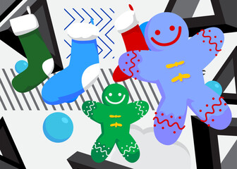 Christmas stocking and Gingerbread Man Cookie geometrical graphic retro theme background. Minimal geometric elements. Vintage abstract shapes vector illustration.