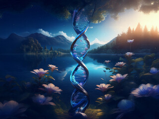 A mesmerizing digital painting depicts a double helix structure of glowing blue liquid, rising from a serene lake between a dark, mountainous landscape and a sunlit forest.  Flowers bloom on either si