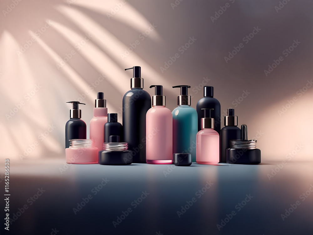 Poster elegant collection of skincare bottles in black, pink, and teal hues, displayed against a soft backd