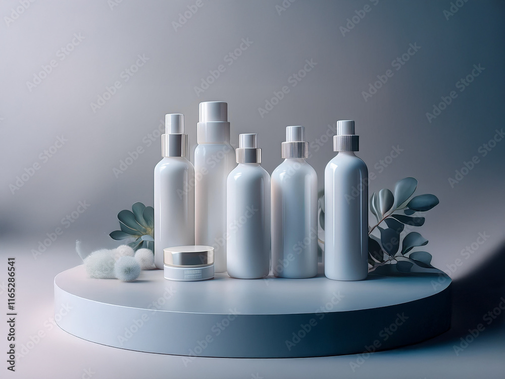 Poster elegant white cosmetic containers, various sizes and shapes, displayed on a minimalist platform with