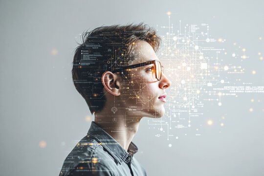 Side view of a young man wearing glasses, overlayed with digital data and neural network graphics, set against a light gradient background. Concept of AI. Ai generative.